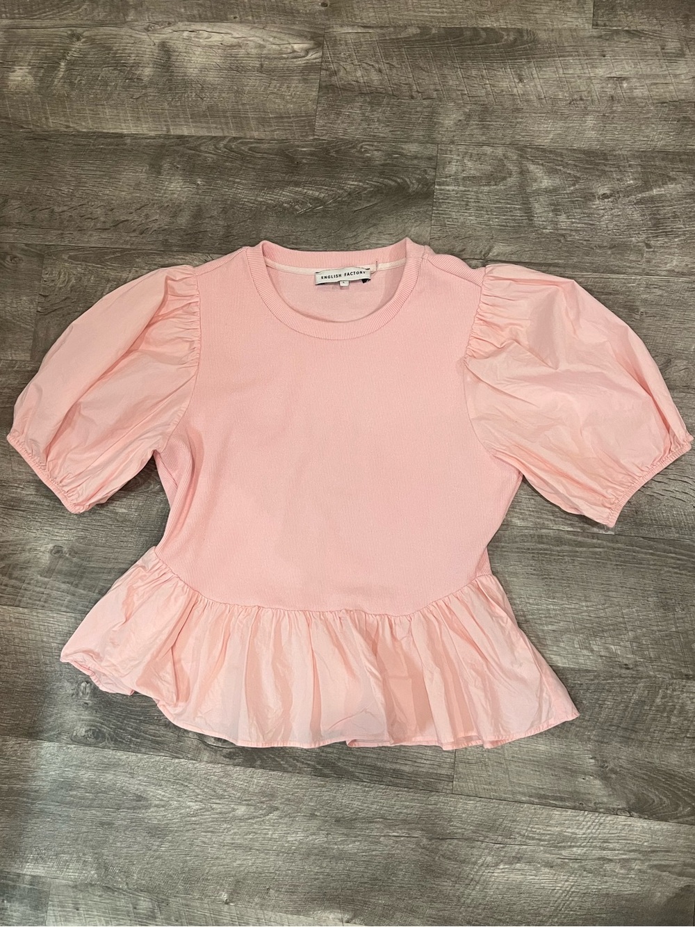 English Factory Pink Puff Sleeve Peplum Top Women’s Large Rib Knit Blouse